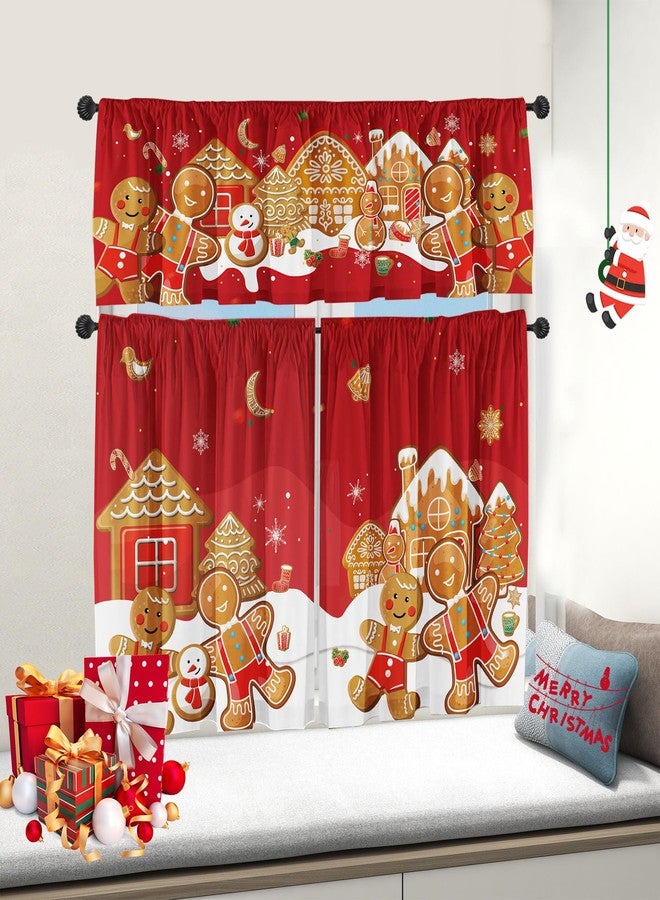 Deztibos Christmas Valance for Windows Rod Pocket Short Curtains Gingerbread Man Merry Christmas Kitchen Valances Window Treatments,52 x 18，26x36 inch Three-Piece Set. - Image 5
